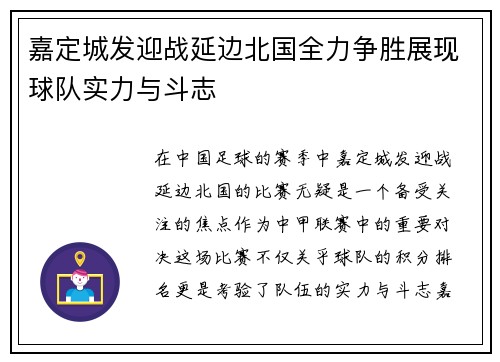 嘉定城发迎战延边北国全力争胜展现球队实力与斗志