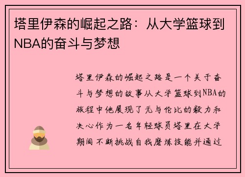 塔里伊森的崛起之路：从大学篮球到NBA的奋斗与梦想